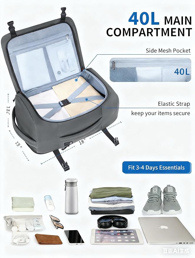 ECOHUB 40L Carry-On Travel Backpack, TSA-Friendly, Anti-Theft Water-Resistant Lightweight with 17.3″ Laptop Compartment, Durable PFAS-Free Rucksack, Grey