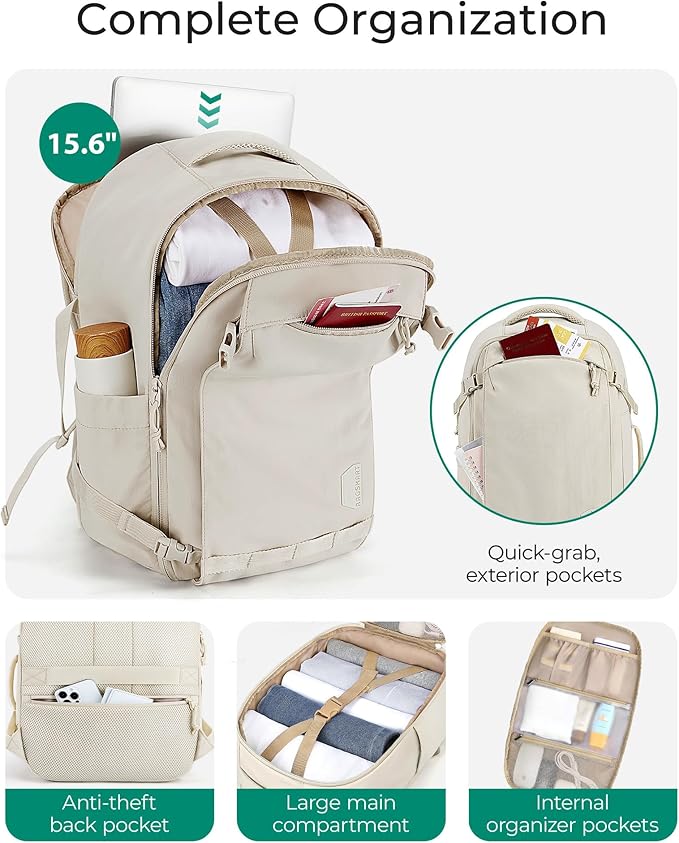 BAGSMART Travel Backpack Women, 15.6 Inch Carry On Backpack Flight Approved, TSA Approved Personal Item Travel Bag, Water Resistant Weekender Bag Luggage Daypack, Beige