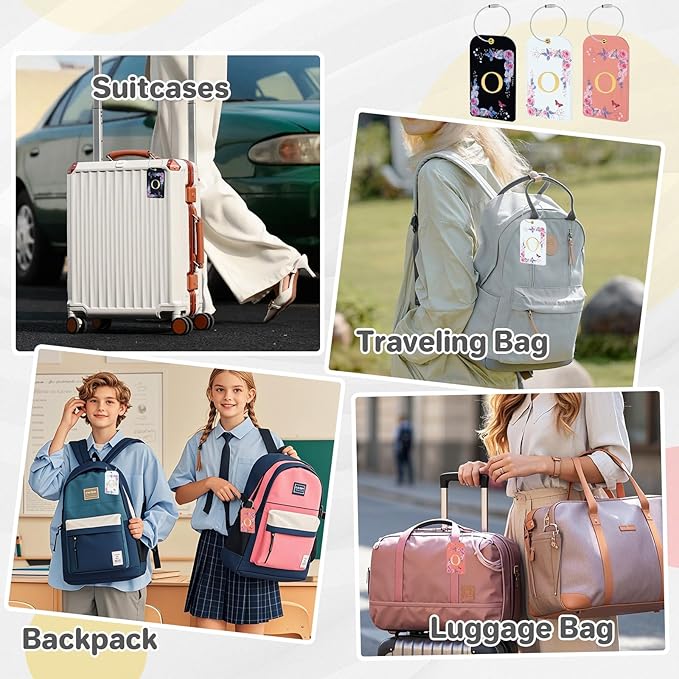 3 Pack Luxury Floral Luggage Tags, Durable PU Leather Suitcase Tags with Stainless Steel Cable Strap, Hidden ID Slot for Privacy Protection, Easy to Identify Waterproof Travel Accessories Gift (O)