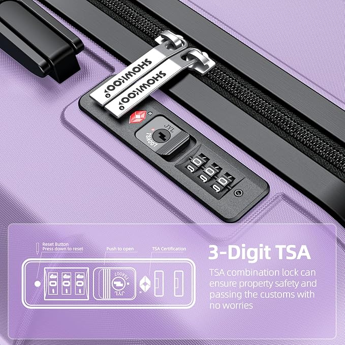 SHOWKOO Full PC Hardshell Luggage Sets, 20/24/28 In Suitcase with TSA Lock & Spinner Wheels, Lightweight Durable Travel Luggage Lavender Purple