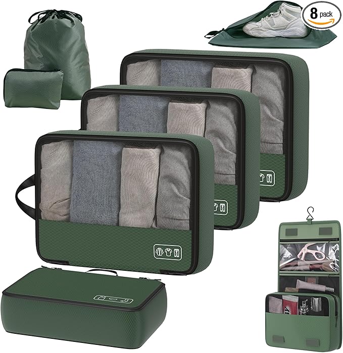8-Piece Compression Packing Cubes for Travel, Trendy Luggage Organizer Set for Young Travelers, Space Saving for Carry-On, Suitcase, Vacation & Weekend Trips - Avocado Green