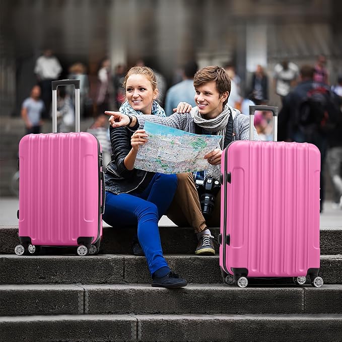 Karl home Luggage Set of 3 Hardside Carry on Suitcase Sets with Spinner Wheels & TSA lock, Portable Lightweight ABS Luggages for Travel, Business - Pink (20/24/28)