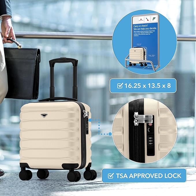 Flight Knight Carry On Suitcase 16.25x13.5x8 Hardside TSA Lock USB Port Lightweight Luggage Silent Double Spinner Wheels Maximum Underseat Carry-On Bag For Virgin South West Approved Cream/Black