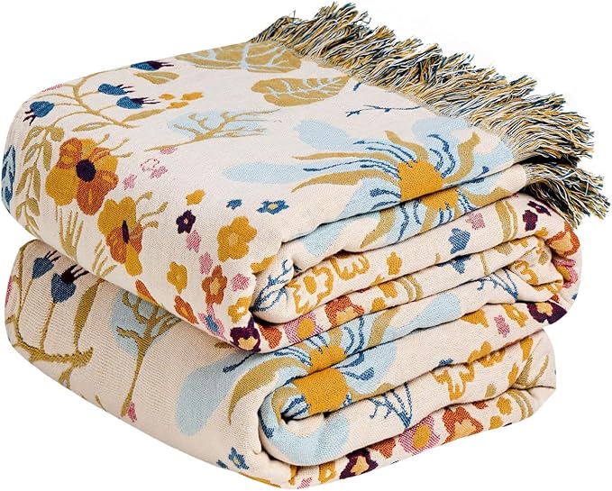 MSGKV Boho Throw Blanket for Bed 100% Cotton Floral Twin Size Couch Blanket 60"x80" Muslin Spring Breathable Lightweight Farmhouse Blankets All Seasons
