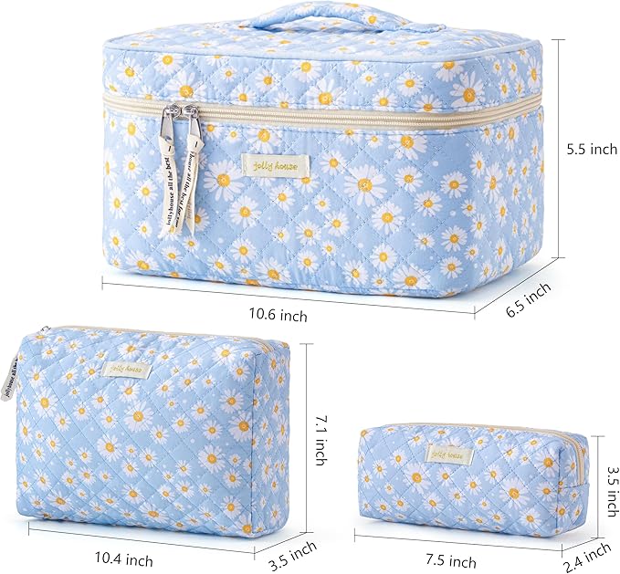 HBselect Quilted Makeup Bag, 3PCS Cotton Large Travel Makeup Bag, Cute Floral Coquette Make up Bag Cosmetic Bag Toiletry Bag for Women Girls