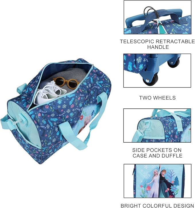 Bioworld Frozen Elsa & Anna Kids' 4-Piece Travel Set With Suitcase, Duffle Bag, Toiletries Case, and Luggage Tag