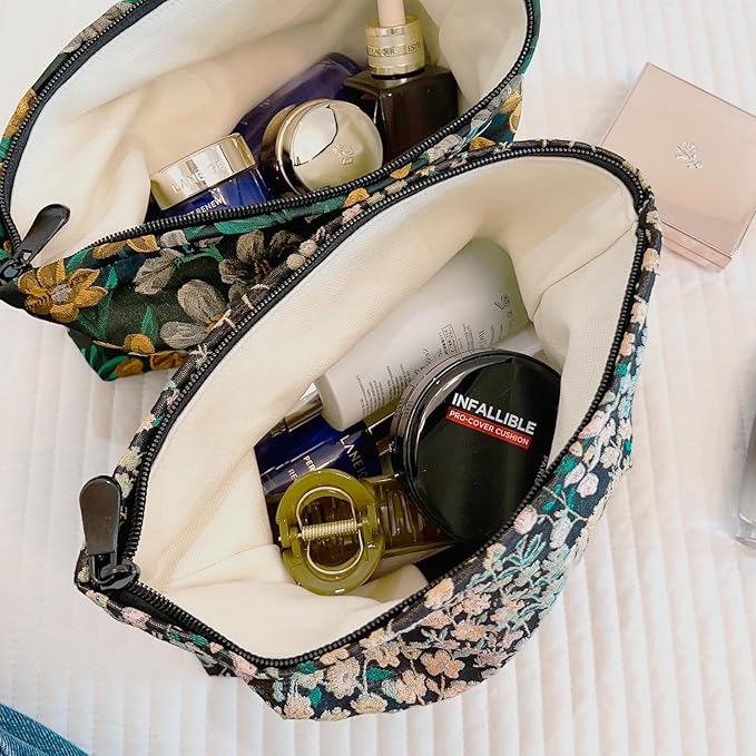 HAPPYHEIDI Women Aesthetic Makeup Bag With Compartment Accessory Zipper Pouch for Cosmetics Travel, Purse Organizer, Embroidery Lucky Flowers Black