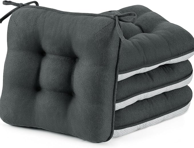 BETU Chair Cushions for Dining Chairs Set of 4,3.5" Thick Kitchen Table Chair Pads with Ties,Non Slip Backing and Covers, Seat Cushion for Dining Room,Bar,Patio Chairs,16"X16"X3.5",Dark Grey