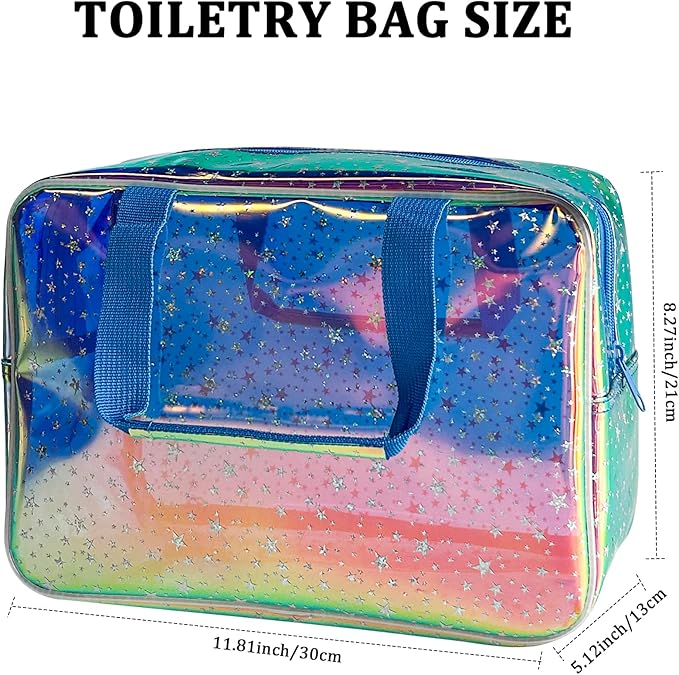 Holographic Blue Clear Star Large Cosmetic Bag and TPU Travel Pouch with Handle,Durable Material,Zipper Design-Ideal for Makeup,Travel Essentials (Holographic Blue+Star)