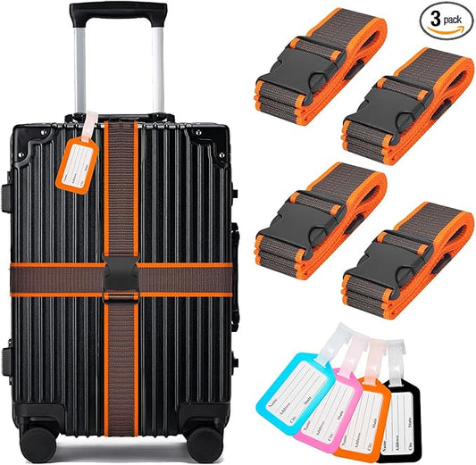 BILIONE 8 Pack Luggage Straps and Tags Set for Suitcase, 4 Vibrant Color Straps and 4 Tags, Premium Suitcase Belts Accessory for Travel (Gray-Orange)