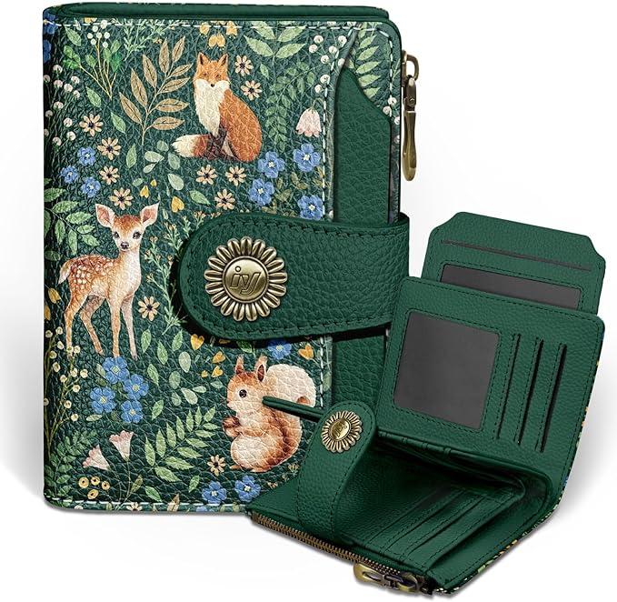 Icycay Squirrels Wallet Women Small RFID Blocking Bifold, Credit Card Holder, Zipper Coin Pocket, Cute, PU Leather, Compact, Travel, ID Window, 14 Card Slots, Cash Purse, Ladies Woman Female Girls