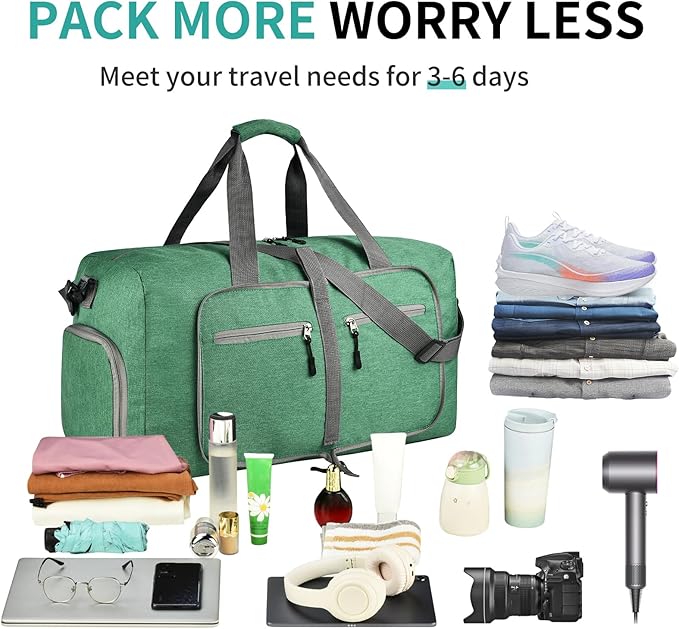Dimayar 85L Travel Duffle Bag for Men Women - Foldable Duffel Bag with Shoes Compartment - Overnight Bags Waterproof & Tear Resistant(Forest Green)