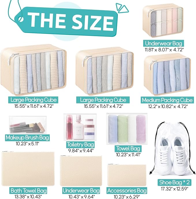 ALL INCLUDED - 12 Set Packing Cubes for Suitcases Carry On, Travel Essentials/Accessories Luggage Organizer Bags Set, Includes Cubes, Shoes Bag, Matte Cosmetic Bag, Zipper Bags