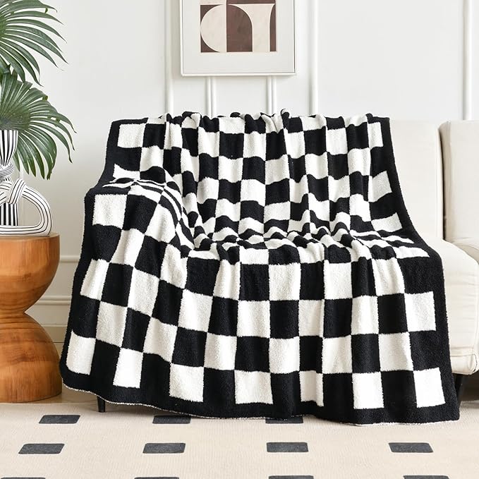 Checkered Blanket, Cozy Soft Throw Blankets for Couch Bed, Fluffy Plaid Lightweight Comfy Travel Picnic Blanket Gifts for Sofa Chair Living Room Camping (Black, Twin 60"x80")