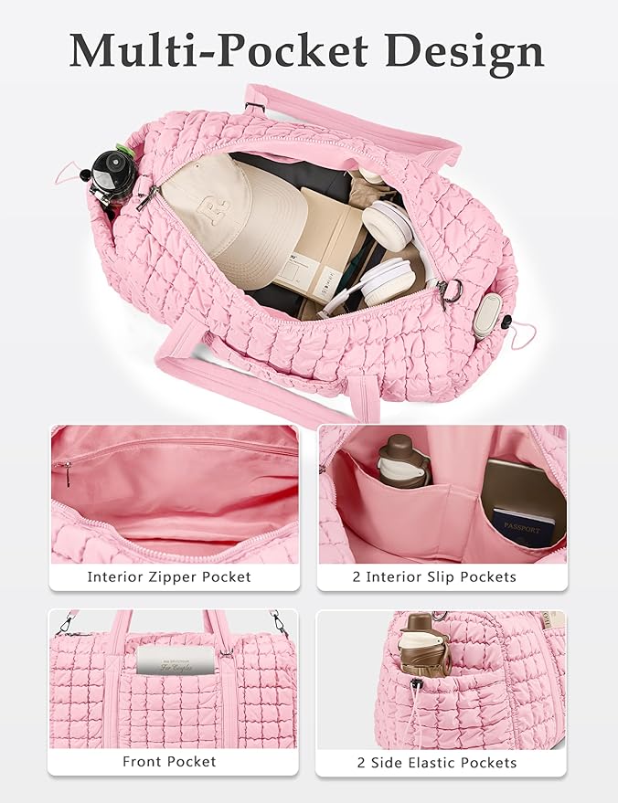 Quilted Travel Duffle Bag for Women Medium Weekender Bag Puffer Overnight Bag Large Soft Puffy Duffel Bag Carry-On Gym Bag Lightweight Personal Item Travel Bag for Trips Business Sport Airplane