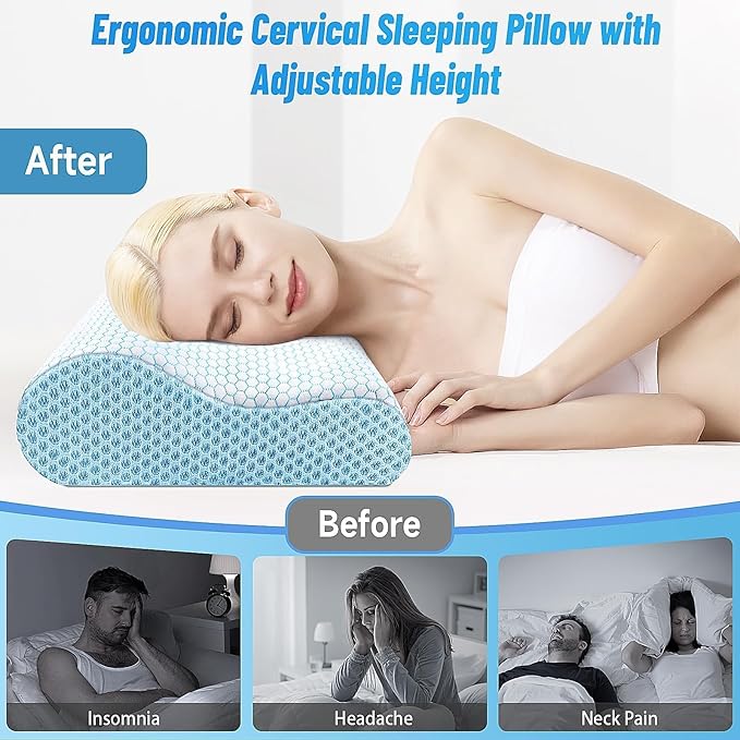 CloudBliss Memory Foam Pillow, Ergonomic Neck Contour Cervical Pillow for Back and Shoulder Pain, Orthopedic Pillow for Neck Pain Relief, for Sleeping Side, Back, Stomach Sleepers - Blue, King