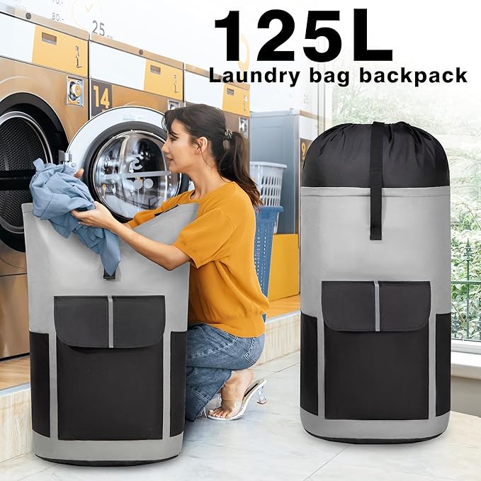 BeeGreen Grey-Black-Laundry-Bag-Backpack-Extra-Large-Heavy-Duty, 125L Portable Travel Laundry Backpack with Shoulder Straps & Extendable Clothes Hamper Bag 3 Pockets College Dorm Apartment Essentials