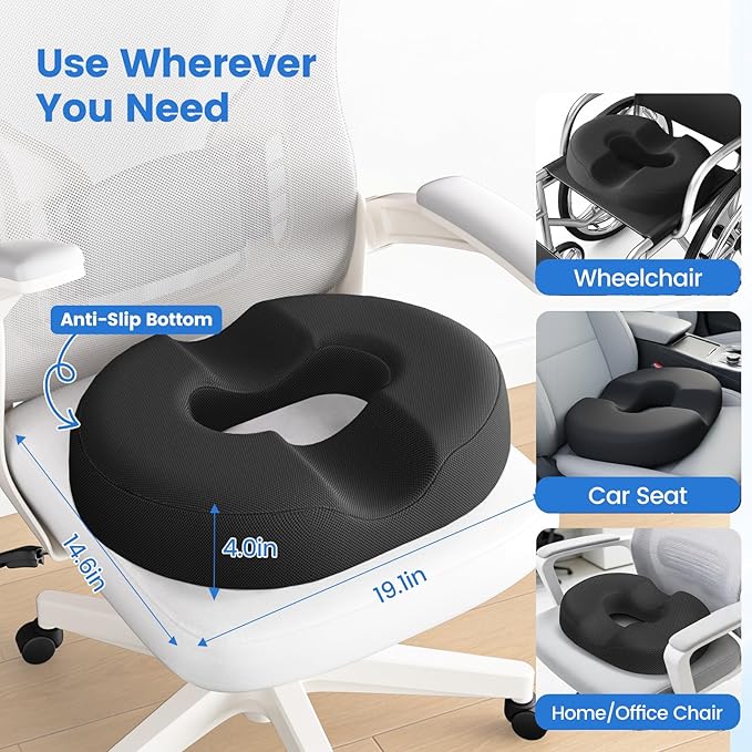 Donut Pillow for Tailbone Pain, Hemorrhoids - Cooling Gel Memory Foam Chair Seat Cushion for Office, Home & Wheelchair, Ergonomic Chair Pad for Pregnancy, Sciatica, Coccyx (XXL, Black)