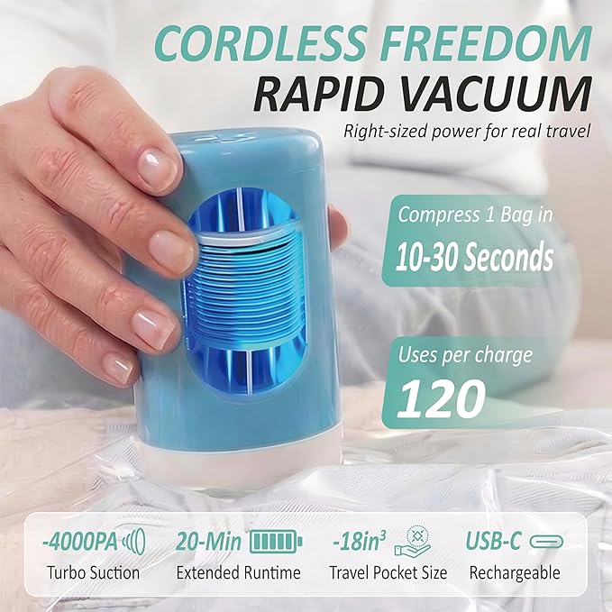 Cozy Essential Travel Vacuum Storage Bags with Rechargeable Cordless Electric Pump, Space Saver Bags for Luggage, Suitcase, Carry-On, for Clothes, Blankets, Comforters, Pillows, 8 Combo