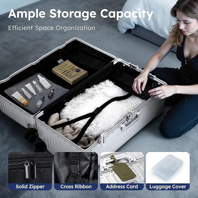 ALPHA CAMP Trunk Luggage, Large 26 Inch Thickened Aluminum Frame Luggage with TSA Spinner Wheels, 3-Layer PC Hardside Zipperless Travel Suitcase, Type-C USB Charging Port, Cup Holder， Sliver