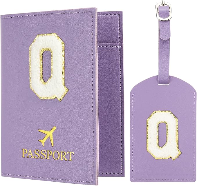PATIKIL Passport Holder for Travel, Initial Passport Cover and Luggage Tag Set with Alphabet Chenille Letter Patch Travel Wallet Bag Suitcase Identifier for Women Family Travel Purple Q