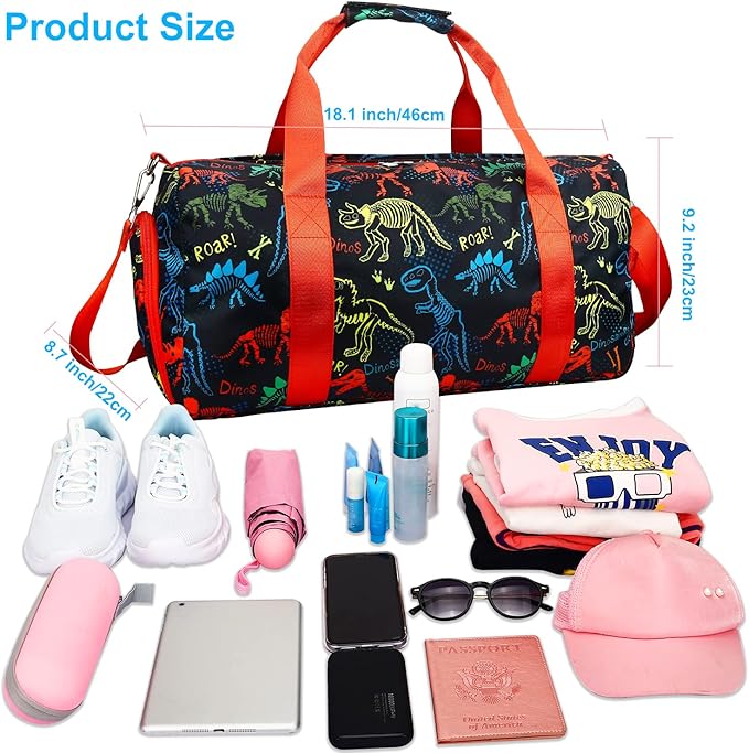 Gym Travel Duffle Bag for Boys - Sports Dance Bag with Shoe Compartment & Wet Pocket Binosaur Kids Travel Bag Teens Weekender Sleepover Carry On Bag