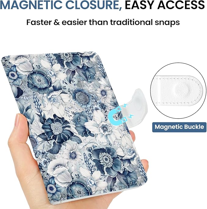 Passport Holder for Travel Essentials, RFID Blocking Leather Cover Wallet with Magnetic Closure, Aesthetic & Cute Passport Book Case for Women and Men - Blueflower