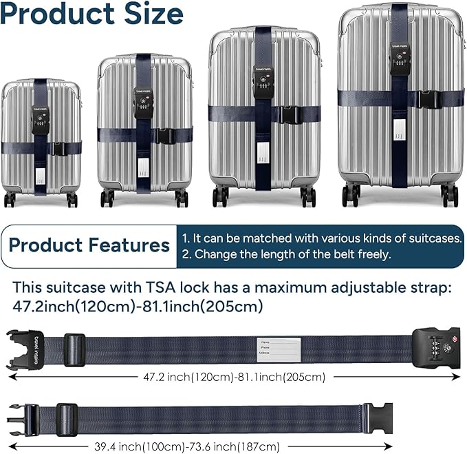 Travel Inspira Luggage Straps TSA Approved, 2 Pack Navy Blue Suitcase Straps with TSA Lock, Heavy Duty Adjustable Cross Travel Belt, Locking Bag Straps for Suitcases, Anti-Theft Travel Gear