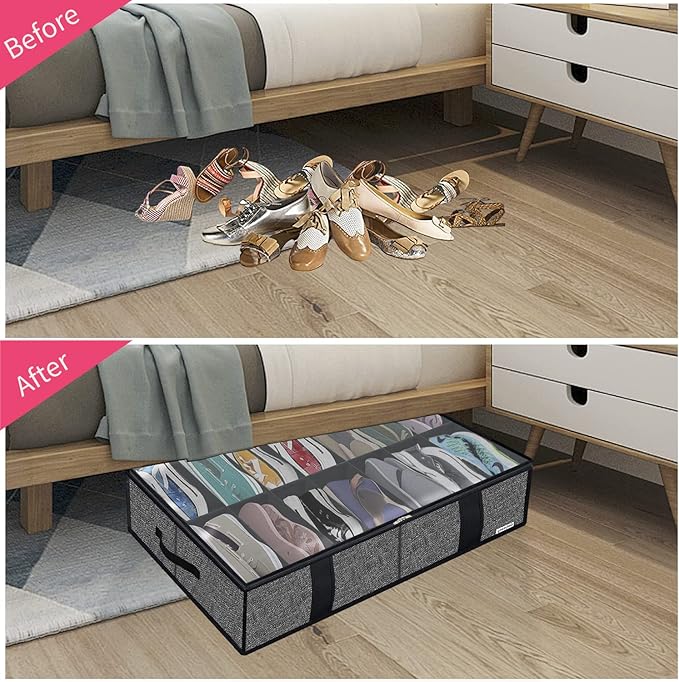Onlyeasy 2 Pack Under Bed Shoes Storage Bag Organizer (14+4 Pairs), Collapsible Shoe Boot Container with Handles, Underbed Storage Solution for Kids & Adults, 86x60x15cm, Linen-like Black, MXAUBS14S4