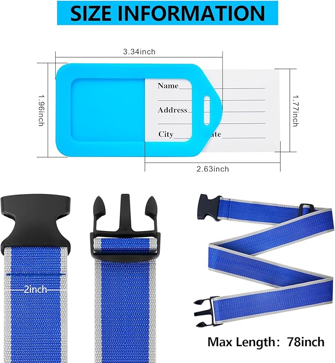 BILIONE 8 Pack Luggage Straps and Tags Set for Suitcase, 4 Vibrant Color Straps and 4 Tags, Premium Suitcase Belts Accessory for Travel (Blue-red-White)