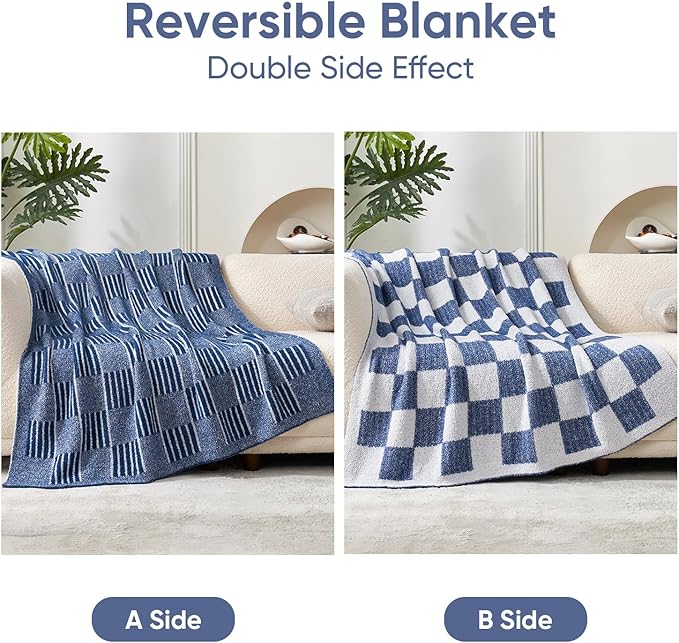 Snuggle Sac Navy Checkered Faux Fur Throw Blanket for Couch, Knitted with Microfiber Fancy Yarn Blanket, Reversible Soft Cozy Blankets for Sofa Bedroom,Heather Navy,50x60 inches