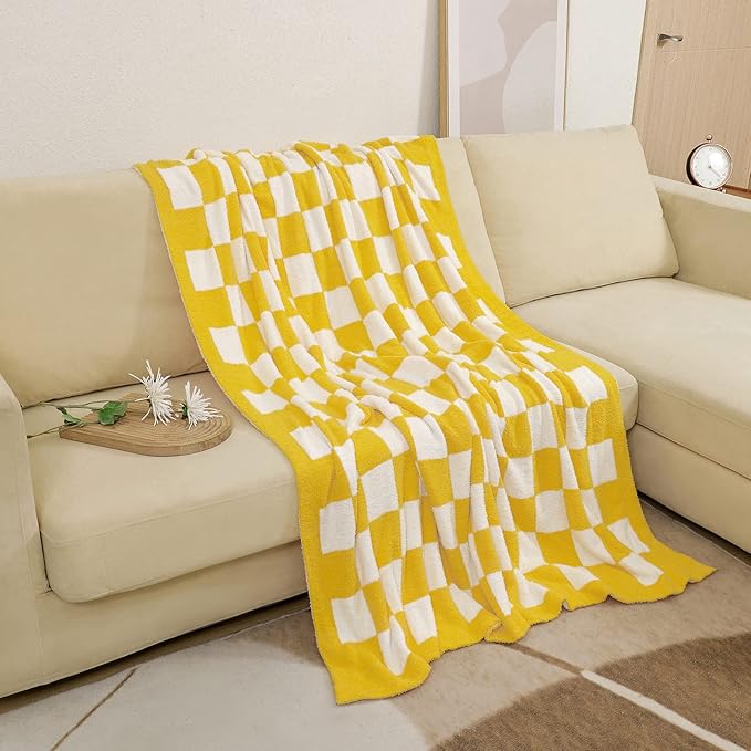 bearberry Fuzzy Checkerboard Grid Throw Blanket Soft Cozy Warm Microfiber All Season Blanket Decor for Couch Sofa Bed Travel Home (Yellow, 50''x60'')