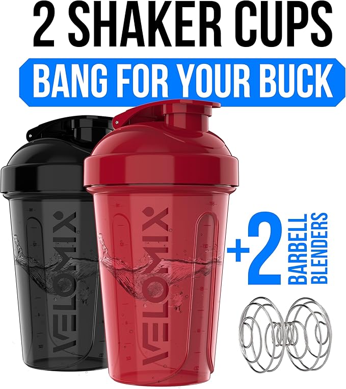 VELOMIX -2 Pack- 20 oz Protein Shaker Bottles for Protein Mixes - 2x Wire Whisk | Leak Proof Shaker Cups for Protein Shakes and Pre Workout | Protein Shaker Bottle Pack (Black/Red)