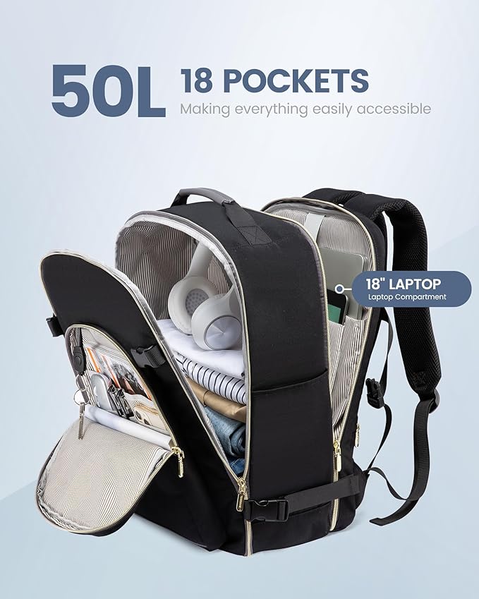 LOVEVOOK Travel Backpack for Women & Men 50L,Airline Approved Carry On Backpack Travel Essentials,TSA Carry on Luggage,Waterproof Personal Item Travel Bag,Suitcase with 3 Packing Cubes,Black-Grey