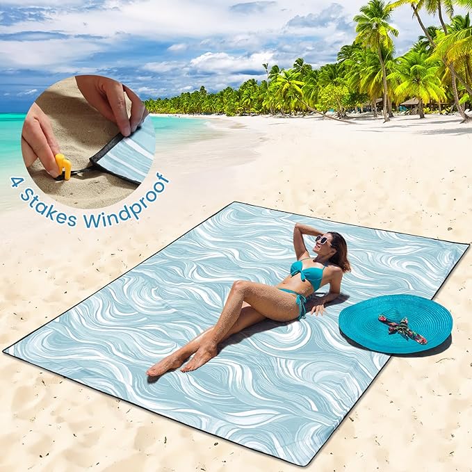 Beach Blanket Waterproof Sandproof Beach Mat for 1-8 Adults Quick Drying Durable Outdoor Picnic Mat for Beach Festival Travel Camping Hiking (Ocean Wave-Dark BL, 79"×83"(4 Person))