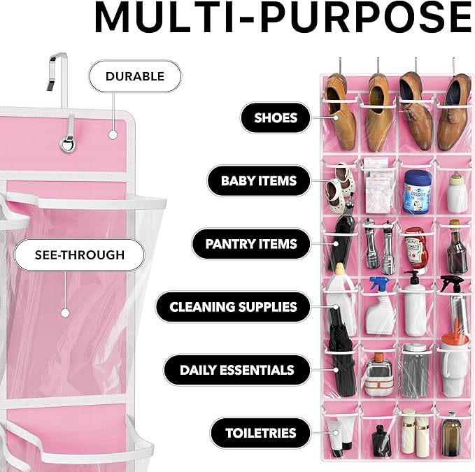 Simple Houseware 24 Pockets Large Clear Pockets Over The Door Hanging Shoe Organizer, Pink (56" x 22.5")