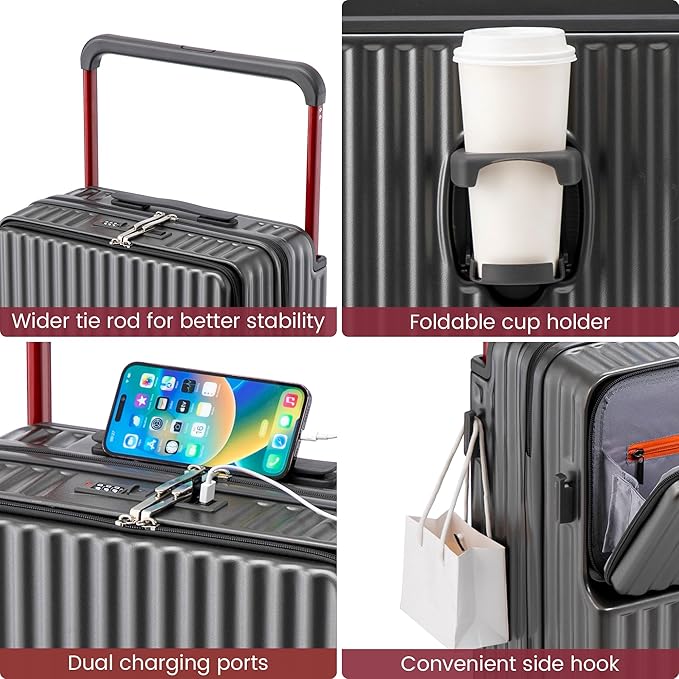20 Inch Carry On Luggage with Spinner Wheels,PC Hard Shell Suitcase with USB Port,Lightweight Travel Luggage Airline Approved for Men Women (Iron Gray)