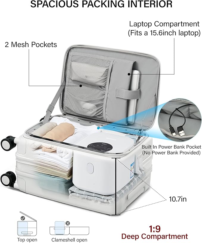 Hanke 20 Inch Expandable Carry On Luggage with Cup Holder 22x14x9 Airline Approved, Top Opening Hard Shell Suitcases with Wheels, Carry-On Travel Suitcase Trunk Luggage with Lock, Smoke White