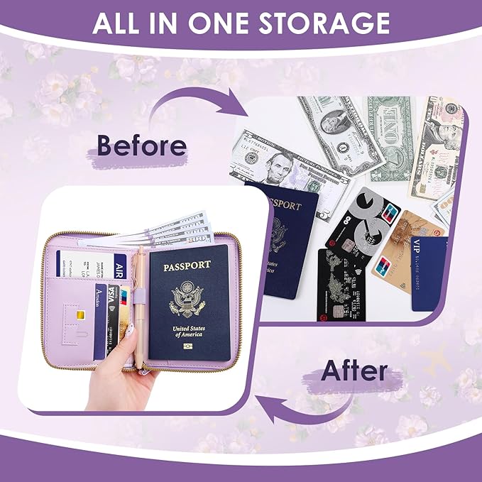 KONVINIT Passport Holder For Travel, RFID Blocking Leather Passport Cover For Travel Accessories, Passport Wallet with Zipper Closure, Cute Passport Book for Women and Men, Purple Flowers