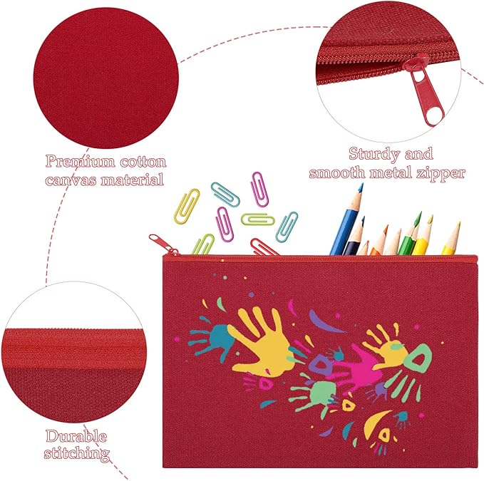 12 Pieces Cotton Canvas Makeup Bag, Multipurpose Cosmetic Bag with Zipper Travel Toiletry Pouch, Blank DIY Craft Bag (Red, XL)