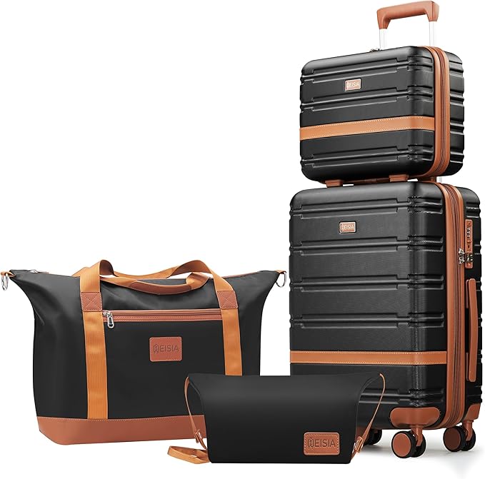 Luggage Sets with spinner wheels, PC+ABS Hard Shell Travel Luggage,Lightweight Carry-on suitcases with TSA Lock,YKK Zippers (Black, 4 Piece Sets(14/20/DB/TB))