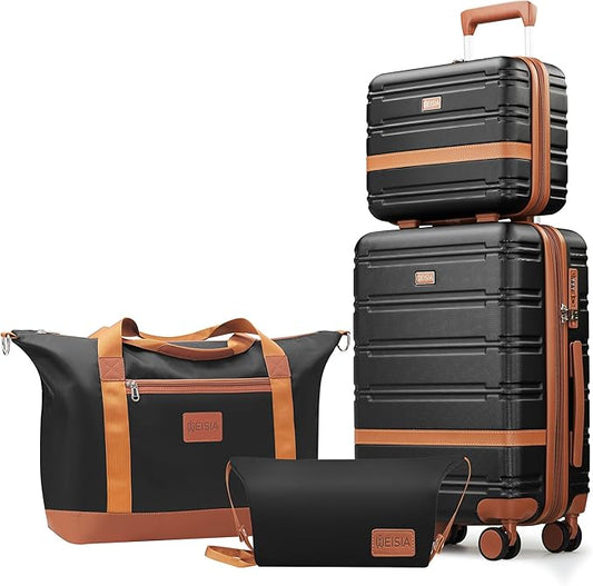 Luggage Sets with spinner wheels, PC+ABS Hard Shell Travel Luggage,Lightweight Carry-on suitcases with TSA Lock,YKK Zippers (Black, 4 Piece Sets(14/20/DB/TB))