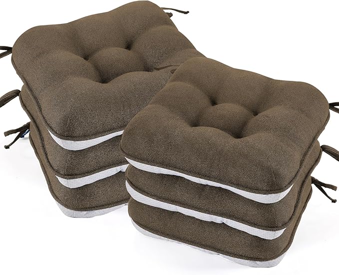 BETU Chair Cushions for Dining Chairs Set of 6,3.5" Thick Kitchen Table Chair Pads with Ties,Non Slip Backing and Covers, Seat Cushion for Dining Room,Bar,Patio Chairs,16"X16"X3.5",Brown