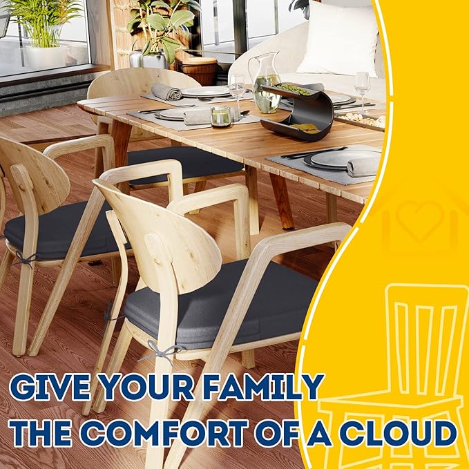 AAAAAcessories D-Shaped Chair Cushions, 2" Thick Dining Chair Pads with Ties and Removable, Machine-Washable Cover, 17" x 16", Set of 2, Dark Grey