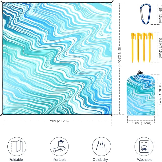Beach Blanket Waterproof Sandproof Beach Mat for 1-8 Adults Quick Drying Durable Outdoor Picnic Mat for Beach Festival Travel Camping Hiking (Wave-Gradiant BL&GN, 79"×83"(4 Person))