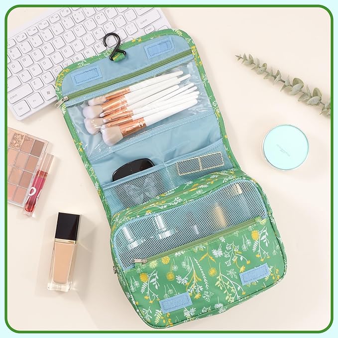 Pengxiaomei Hanging Toiletry Bag, Green Floral Waterproof Cosmetic Bag Portable Makeup Pouch Wash Bag with Handle for Kids Teen Girls Tea Party Spring Party Mothers Day Gifts