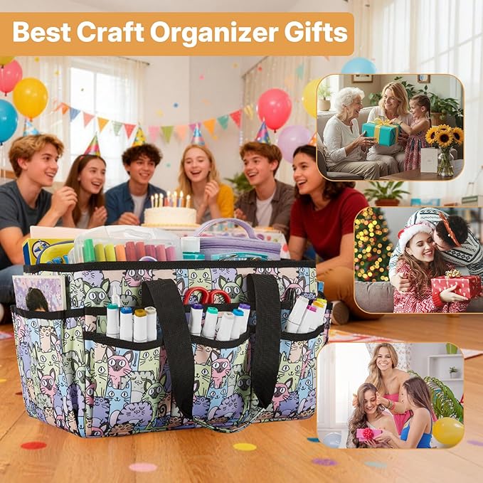 Craft Organizer Tote Bag, Art Organizer, Craft Caddy with Multiple Pockets, Storage Bag for Sewing Tools, Art Supplies, Home and Office (Cat Print)