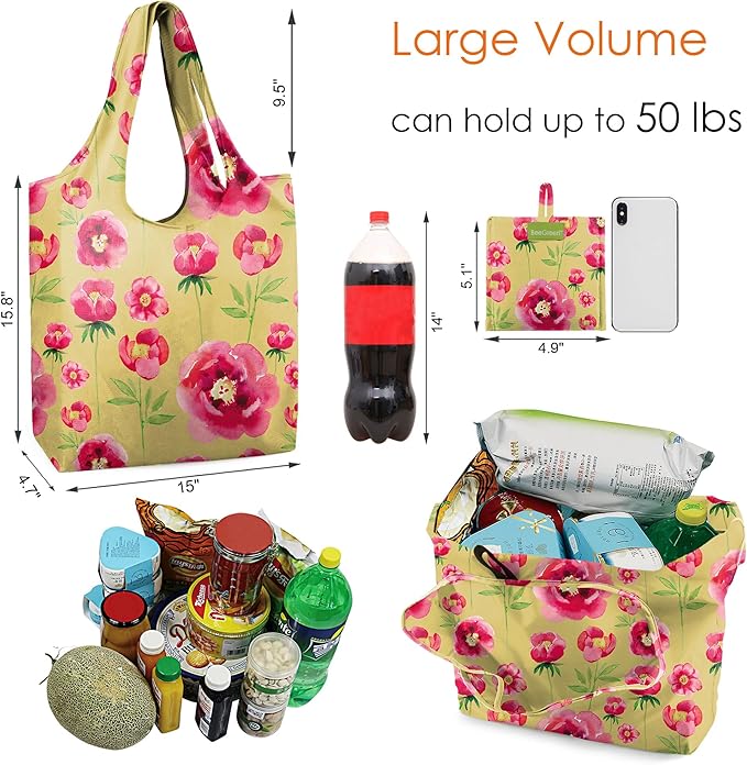 BeeGreen Floral Reusable Grocery Bags Bulk 6 Packs X-Large50LBS, Reusable Shopping Bags Foldable for Groceries, Vegetables, Fruits Bulk Tote Bags Washable For Women Men