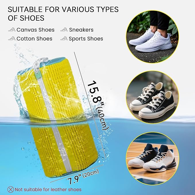 2Pcs Shoe Washing Machine Bag, Sneaker Laundry Bag for Washing Machine, Extra Long and Thick Microfibre Fluff, Reusable for Washer and Dryer (2 Pcs, Light Yellow Blue)