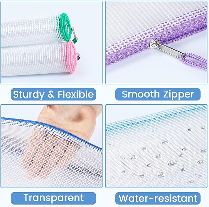 Sooez 20 Pack Mesh Zipper Pouch Bags, A4 Letter Size, Zipper Bags with Label Pocket, Waterproof Pouches for Classroom Organizer, Board Game Toy Storage, Document Bag for Teacher School Office Supplies